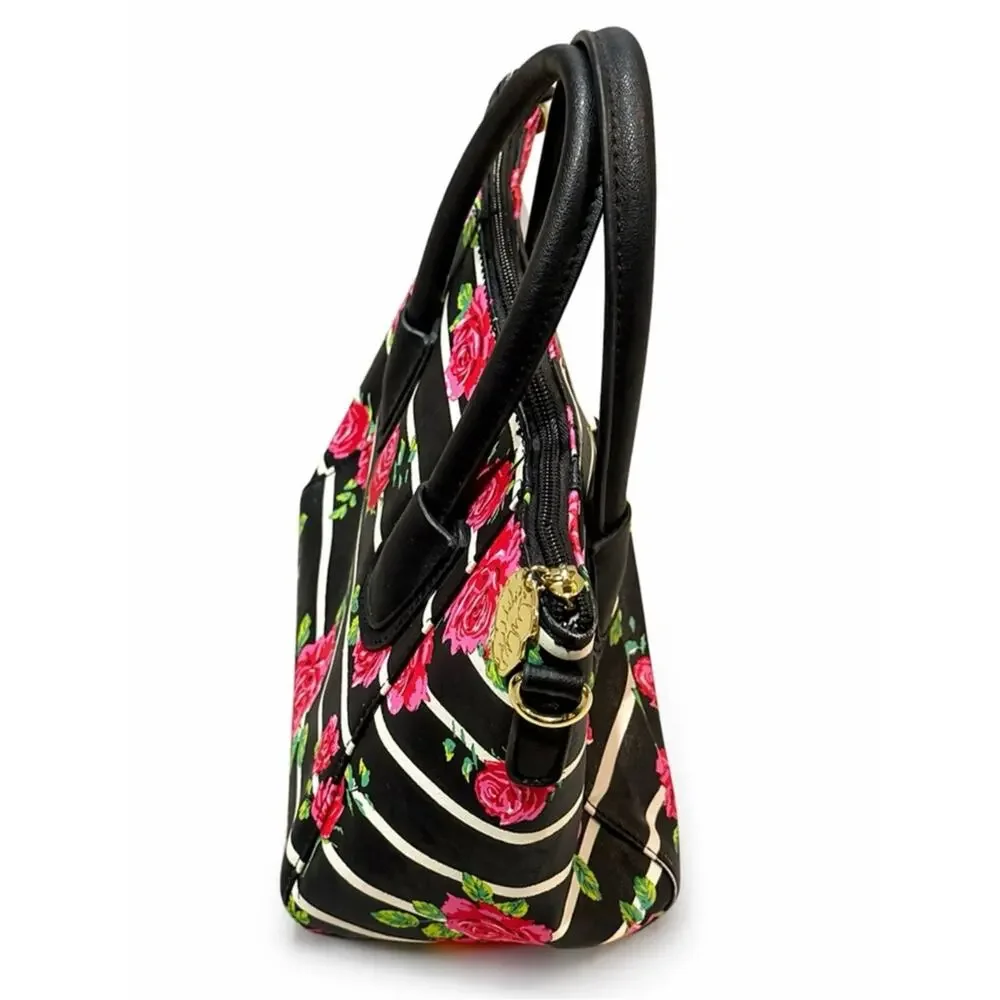 Betsey Johnson Floral Stripe Satchel Black Pink Rose Mini Handbag Y2K